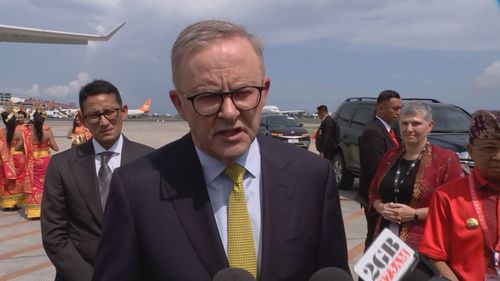 Anthony Albanese speaks to reporters after stepping off plane at Bali.