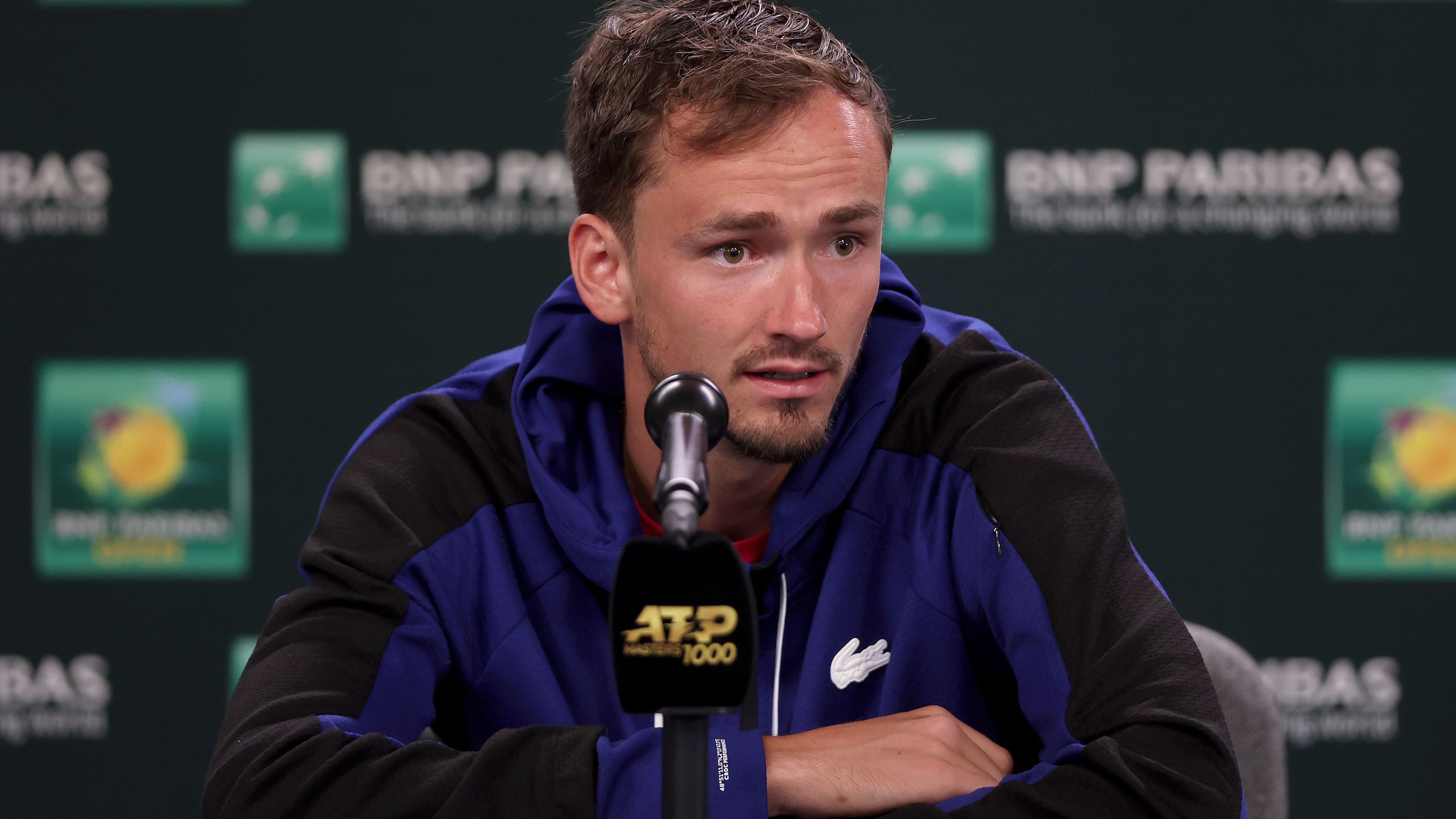 Daniil Medvedev of Russia fields questions from the media during the BNP Paribas Open at the Indian Wells Tennis Garden.