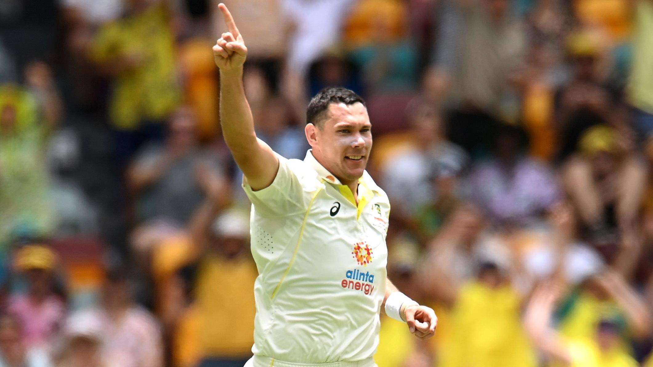 Scott Boland of Australia celebrates taking the wicket of Sarel Erwee of South Africa for 10 runs during day one of the First Test match between Australia and South Africa at The Gabba on December 17, 2022 in Brisbane, Australia. (Photo by Albert Perez/Getty Images)