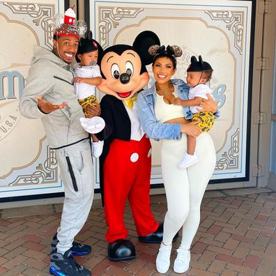 Nick Cannon, Abby De La Rosa and their twin sons Zion and Zillion at the boys' first birthday party at Disneyland