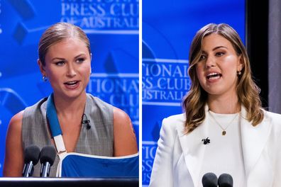 Advocates for survivors of sexual assault and abuse, Brittany Higgins and Grace Tame during their address to the National Press Club of Australia in Canberra on Wednesday 9 February 2022. 