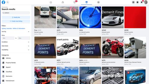 Listings on Facebook Marketplace showing sellers offering to take on demerit points for cash.