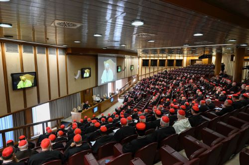 Pope Leo XIV met with cardinals in the Vatican's synod hall â€“ a deviation from the typical location for the first meeting with cardinals, which is usually held in the apostolic palace.