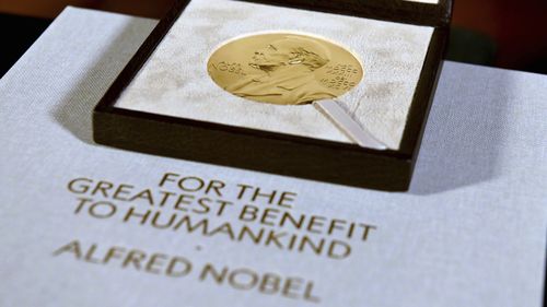 FILE - The Nobel diploma and medal in physiology or medicine is displayed, Tuesday, Dec. 8, 2020, during a ceremony in New York. (Angela Weiss/Pool Photo via AP, File)