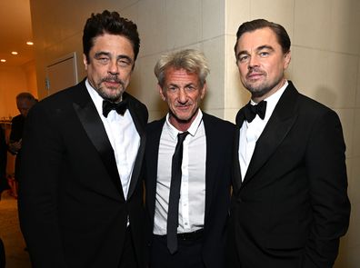 LOS ANGELES, CALIFORNIA - JANUARY 11: (L-R) Benicio del Toro, Sean Penn and Leonardo DiCaprio attend Moët & Chandon At The 83rd Annual Golden Globe Awards on January 11, 2026 in Los Angeles, California.  (Photo by Michael Kovac/Getty Images for Moët & Chandon)