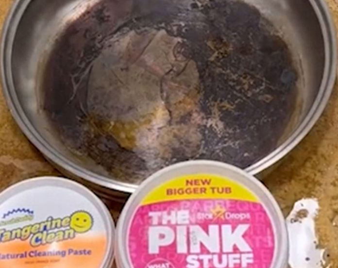 Cleaning hacks: The Pink Stuff paste put to the test on a burnt