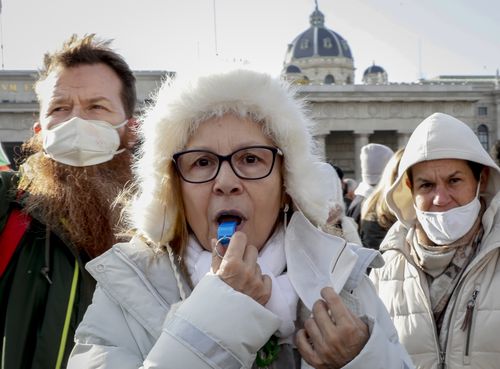 People take part in a demonstration against the country's coronavirus restrictions in Vienna, Austria