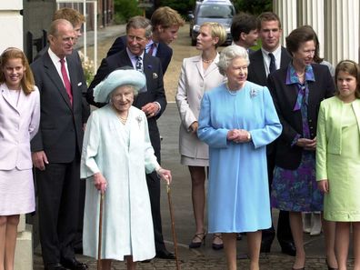 Queen Mother and Royal Family outside Clarence House on her 101st birthday.