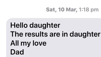 The text message Arron sent to Clare when he found out the results of the DNA test, showing he was her father.