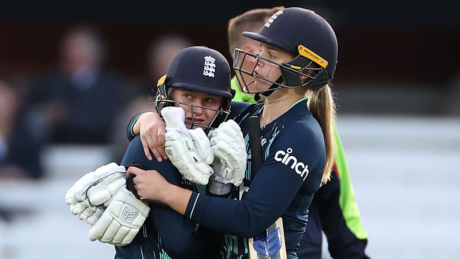 Charlie Dean of England is consoled by Freya Davies of England after Dean was run out Deepti Sharma of India to claim victory during the 3rd Royal London ODI between England Women and India Women at Lord&#x27;s Cricket Ground on September 24, 2022 in London, England. (Photo by Ryan Pierse/Getty Images)