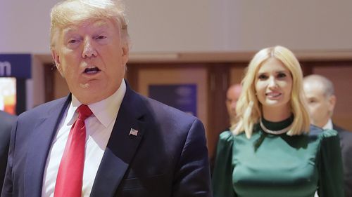 U.S. President Donald Trump, Ivanka Trump and Jared Kushner, left, leave after attemding session at the World Economic Forum in Davos, Switzerland, Tuesday, Jan. 21, 2020.