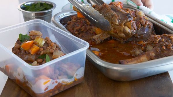 Slow-cooked lamb shanks with lentil ragout