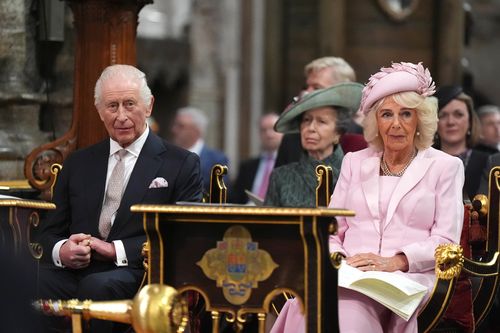 LONDON, ENGLAND - MARCH 10: King Charles III and Queen Camilla attend the Commonwealth Day Service of Celebration at Westminster Abbey on March 10, 2025 in London, England. (Photo by Aaron Chown - WPA Pool/Getty Images)