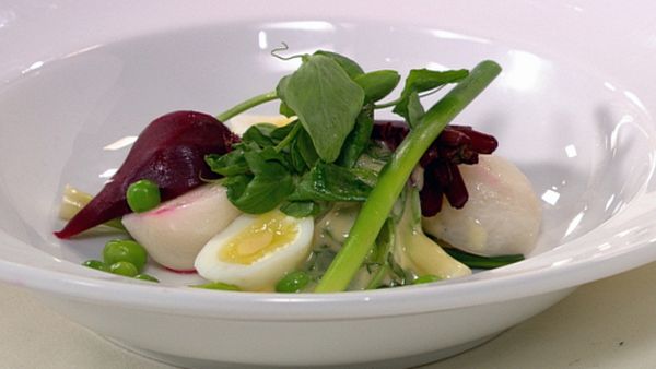 Kitchen garden spring vegetables, tarragon mayonnaise and soft boiled quail egg