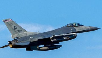 A US Air Force F-16 Fighting Falcon flies as part of joint air-to-ground training involving American and Bosnian forces, on Monday, Jan. 8, 2024. 