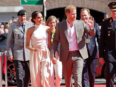 Prince Harry and Meghan, Duchess of Sussex arrive on the red carpet to be welcomed by the Mayor during the Invictus Games Dusseldorf 2023 - One Year To Go events on September 06, 2022 in Dusseldorf, Germany. (Photo by Mathis Wienand/Getty Images)