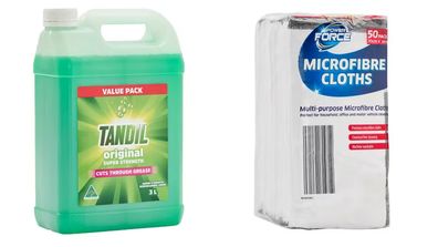 Tandil 3L bulk dishwashing liquid and microfibre cloths from Aldi