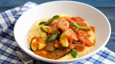Recipe: <a href="http://kitchen.nine.com.au/2016/05/16/13/47/sausages-ratatouille-with-quick-cheesy-polenta" target="_top">Sausages ratatouille with quick cheesy polenta</a>
