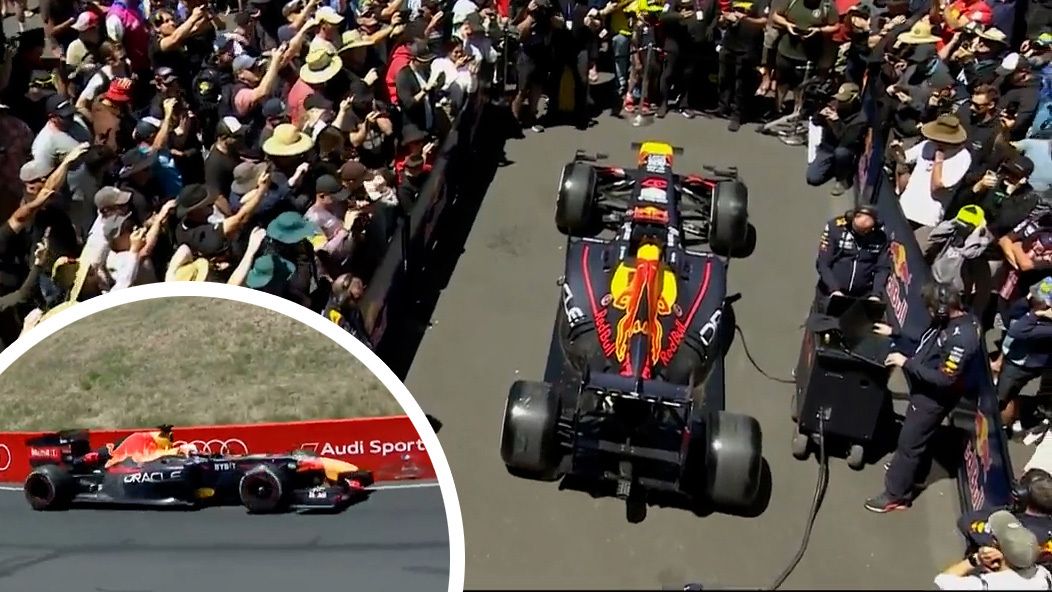 The Red Bull F1 car playing the Australian National Anthem with insert of the car on track.