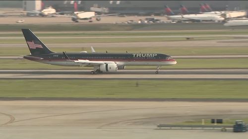 Donald Trump's plane touches down in Atlanta, Georgia.