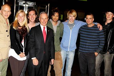 The cast of <i>Glee </i>pictured with series creators Ryan Murphy, Brad Falchuk and Ian Brennan, and New York mayor Michael Bloomberg.