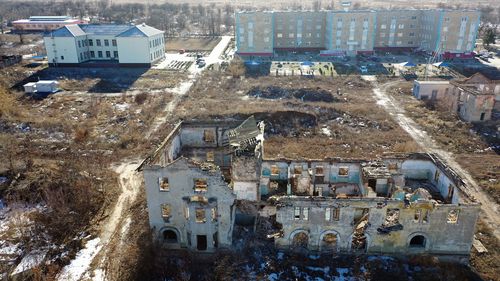  An aerial view of rubbles of a building in Slovyansk damaged during the conflict as diplomatic efforts to resolve the Ukraine-Russia crisis continue.