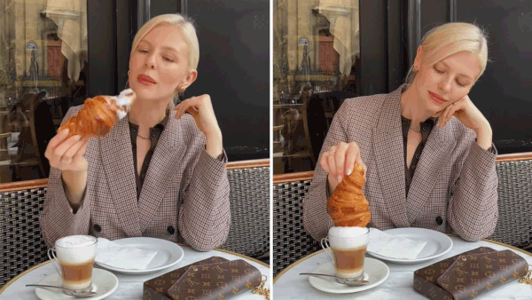 Influencer sparks controversy with croissant-eating technique.