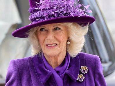 Camilla, Duchess of Cornwall arrives at Westminster Abbey after The Commonwealth Day Service on March 14, 2022 in London, England.