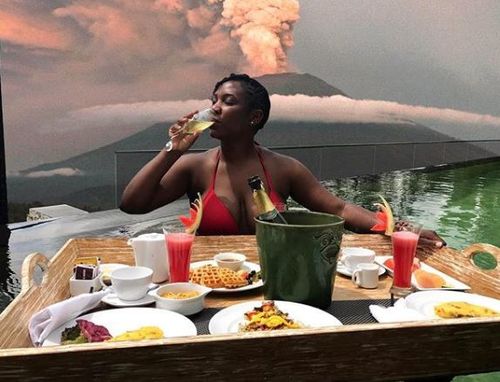 Photos of bikini clad tourists posing in front of an erupting Mount Agung sparked outrage in 2017.