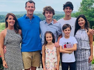 Prince Joachim with wife Princess Marie (far left), ex-wife Countess Alexandra of Frederiksborg (far right) and their children Prince Felix, Prince Nikolai (back) Princess Athena, Prince Henrik (front) at Château de Cayx in July