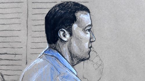 A court sketch of Alex McEwan.