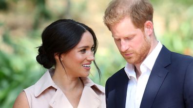 In this Wednesday Oct. 2, 2019 file photo, Britain's Harry and Meghan, Duchess of Sussex arrive at the Creative Industries and Business Reception at the British High Commissioner's residence, in Johannesburg