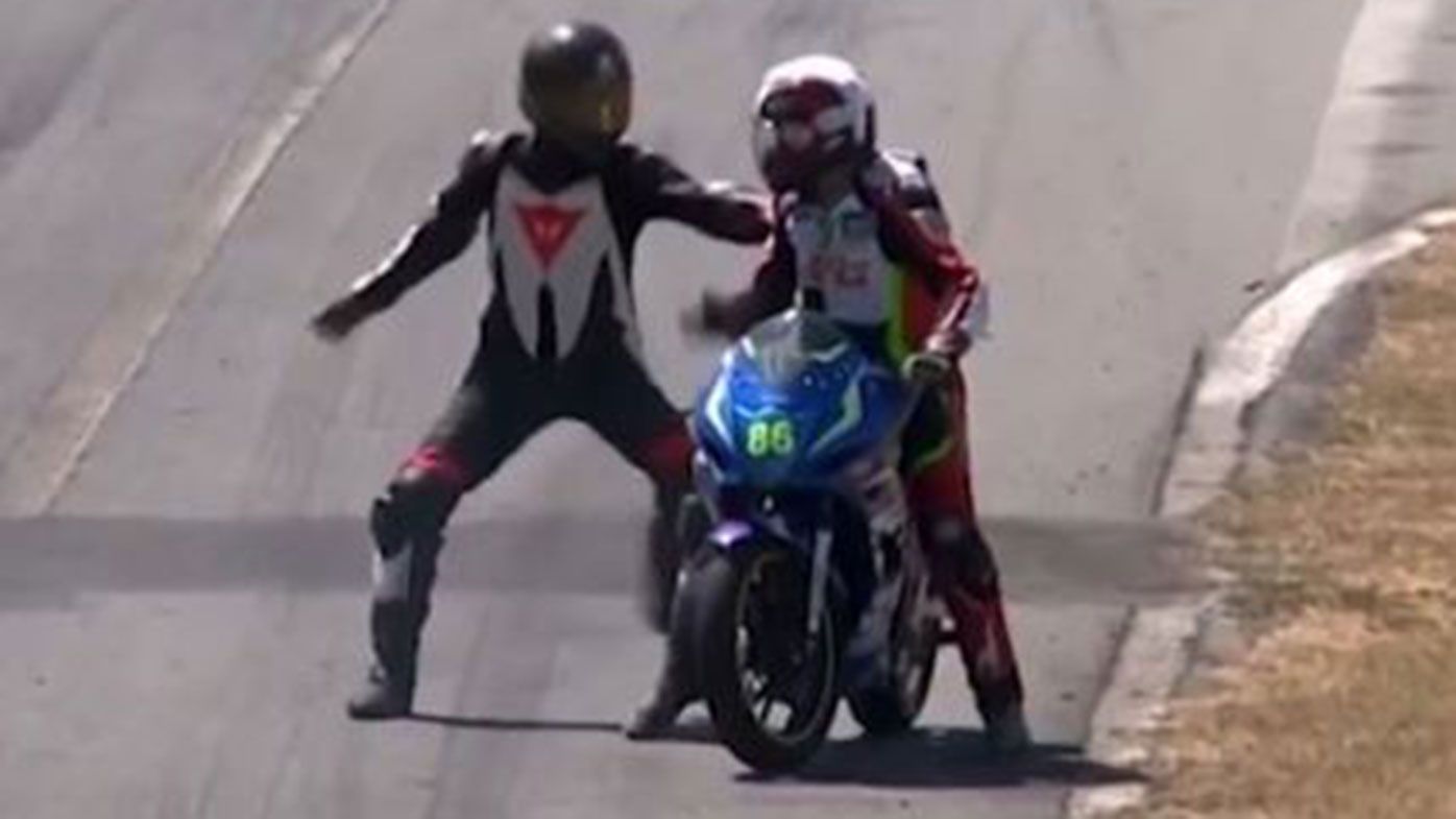 Fists fly as riders involved in bizarre collision