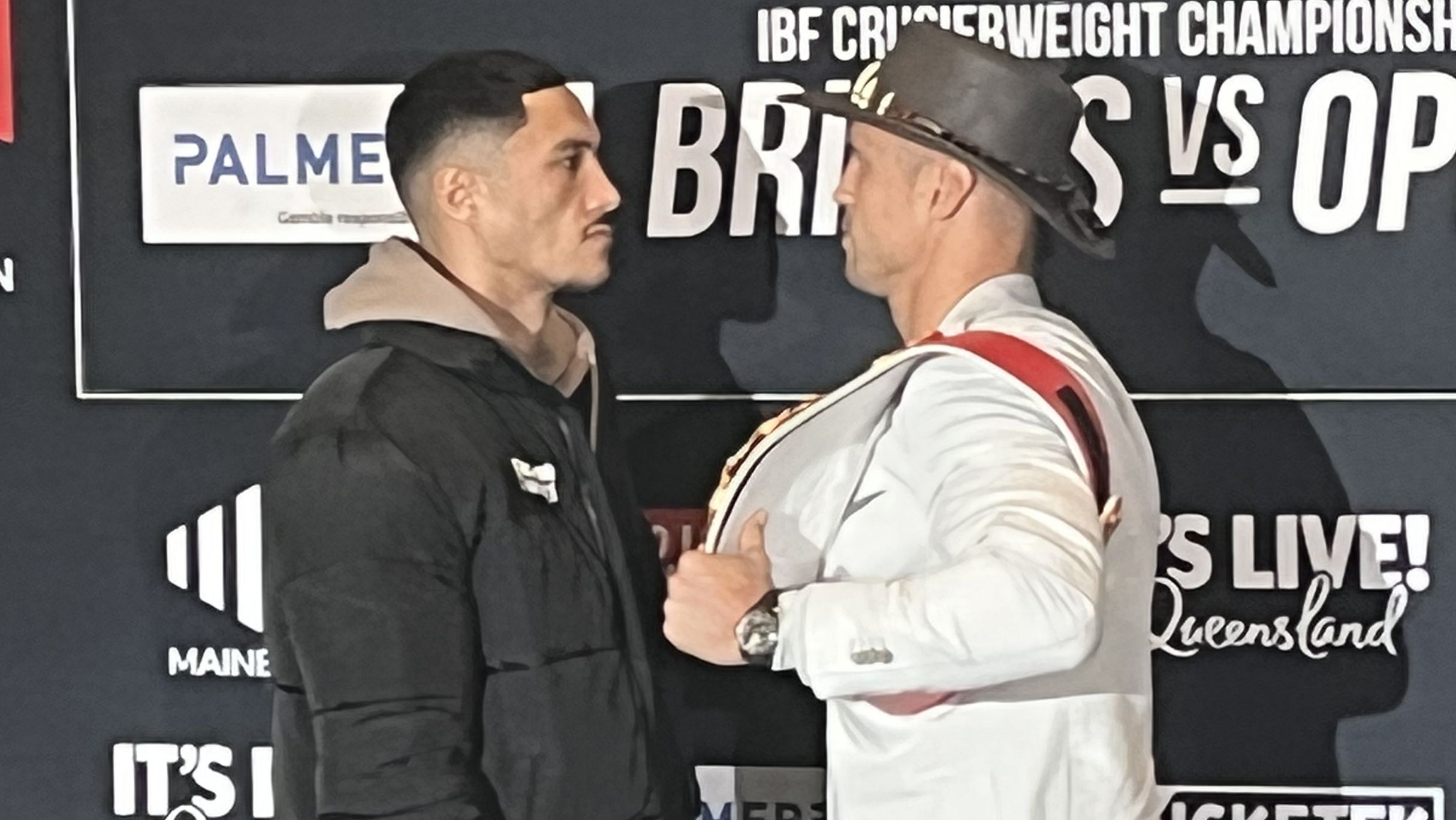 Aussie fighter Jai Opetaia and Latvian cruiserweight champion Mairis Briedis face off ahead of their world title bout on the Gold Coast.
