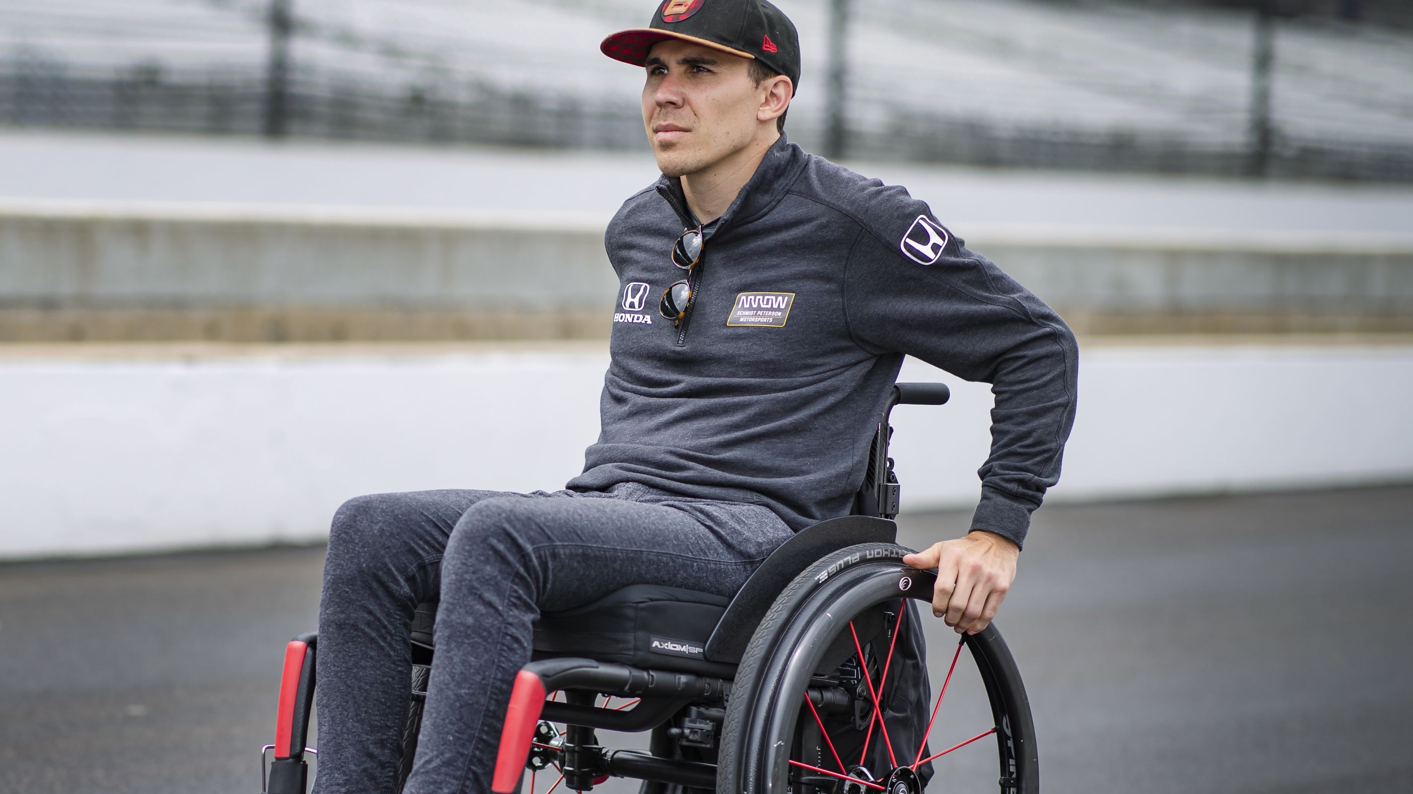 IndyCar driver Robert Wickens is seen in the pit area during qualifications for the Indy 500 at Indianapolis Motor Speedway in 2019.