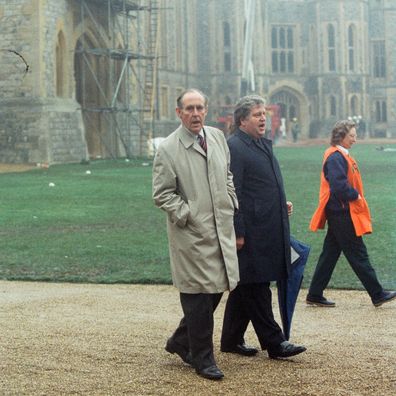 Peter Brooke at Windsor Castle, the day after the fire in the Brunswick Tower, November 21, 1992. 