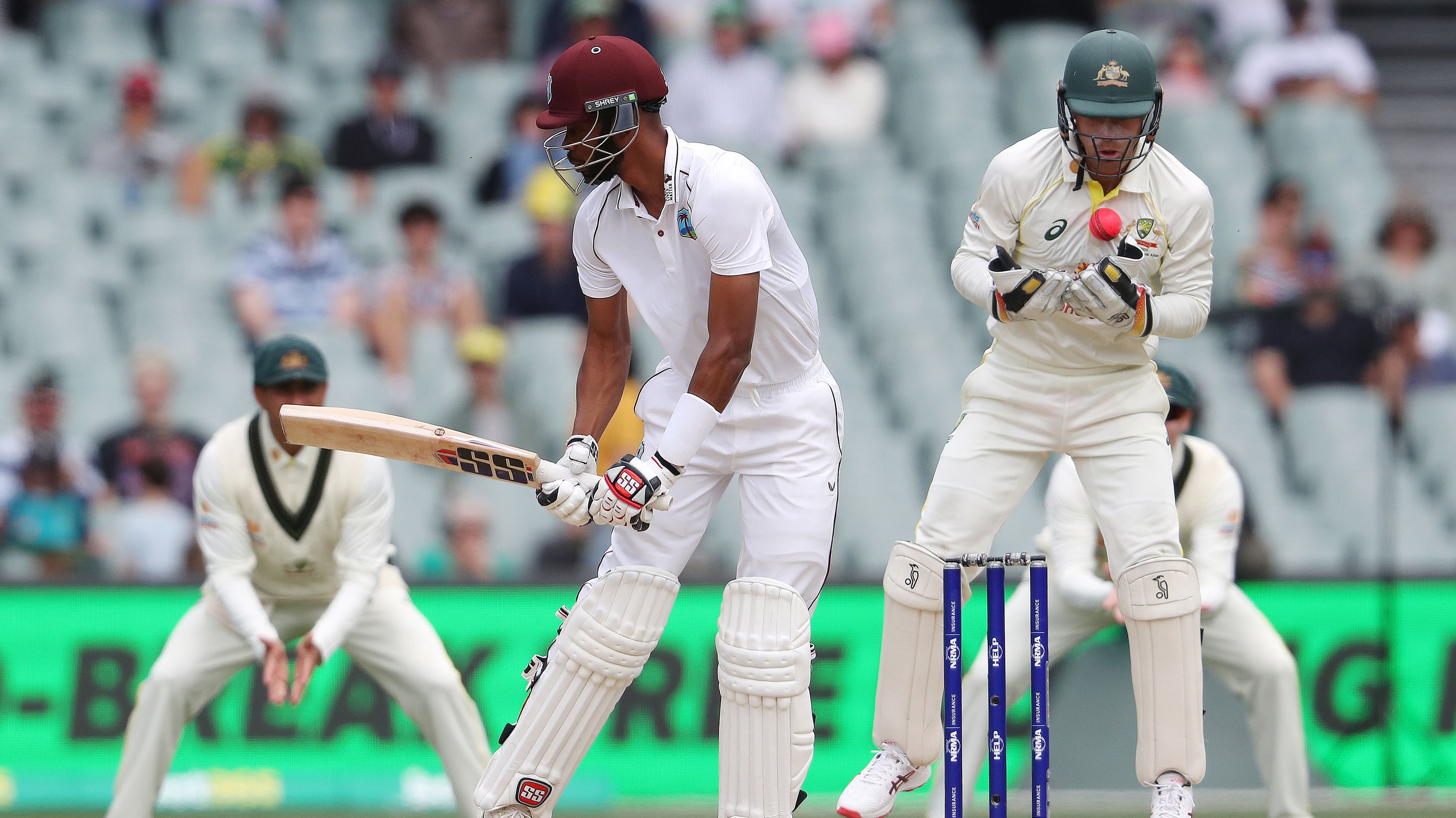 Roston Chase of West Indies is caught out by Alex Carey of Australia at Adelaide Oval. (Photo by Sarah Reed - CA/Cricket Australia via Getty Images)