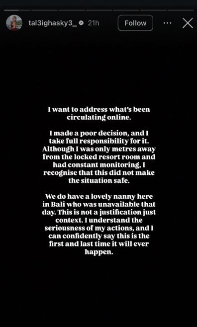Australian influencer Taleigha Skye apologised after she recorded herself eaving her six-montg-old alone in a locked hotel room while holidaying in Bali.