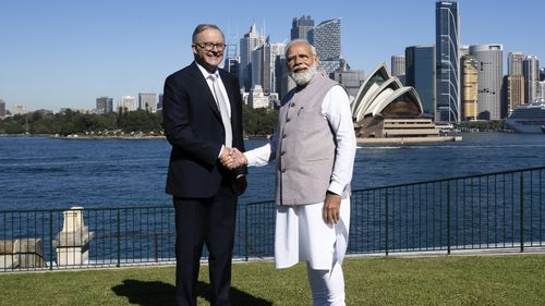 POOL Prime Minister Anthony Albanese and Indian Prime Minister Narendra Modi at Admiralty House in Sydney. May 24, 2023 Photo: Janie Barrett