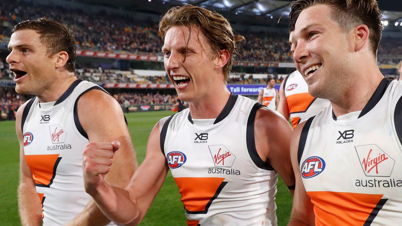 Heath Shaw, Lachie Whitfield and Toby Greene of the Giants celebrate during the 2019 AFL Second Semi Final