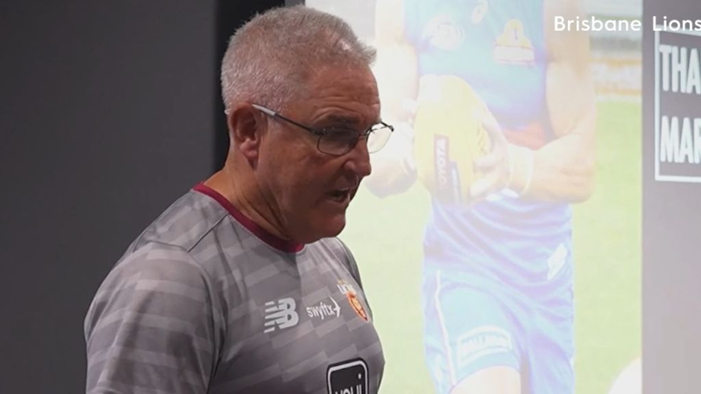 'We run with you in our heads': Brisbane coach Chris Fagan tears up in 'sad' tribute to retiring defender 