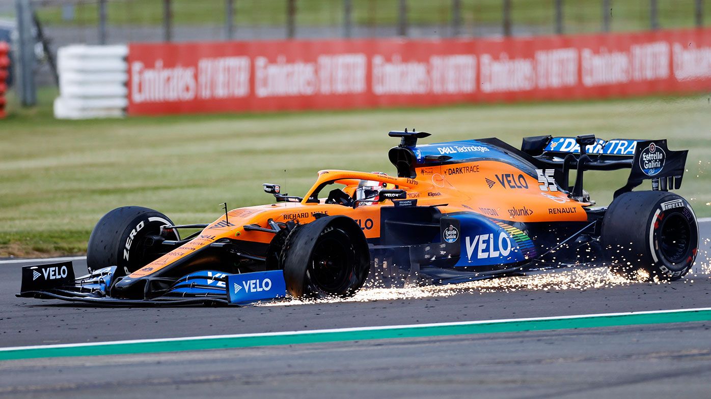 McLaren&#x27;t Carlos Sainz suffers a tyre failure late in the British Grand Prix.