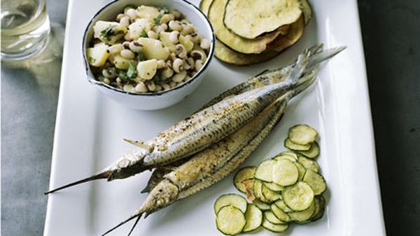 Garfish with fried vegetables, tzatziki, and burghul and black-eyed bean salad 