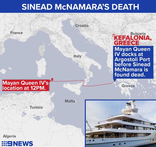 The Mayan Queen IV has departed Greece and was located at this position at 12 noon (AEST) Tuesday, heading west through the Mediterranean Sea. (Nine)