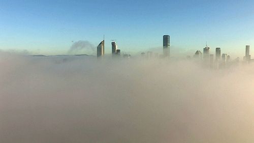 A thick layer of fog has shrouded the Brisbane skyline.