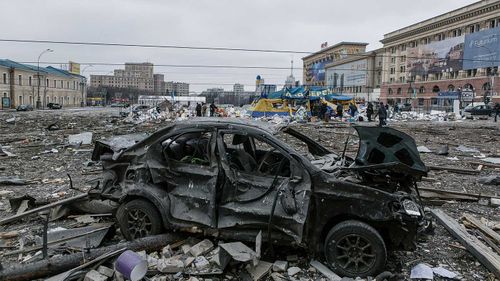 The crumpled remains of a car destroyed by shelling in the Ukrainian city of Kharkiv.