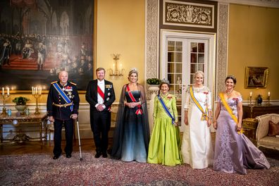 King Harald of Norway,  Queen Sonja of Norway, Crown Princess Mette-Marit of Norway and Princess Martha Louise of Norway host an official state banquet for King Willem-Alexander of The Netherlands and Queen Maxima of The Netherlands in the Royal Palace on the 9th November, 2021 in Oslo, Norway. The Dutch King and Queen are in Norway for a three day state visit. (Photo by Patrick van Katwijk/WireImage)