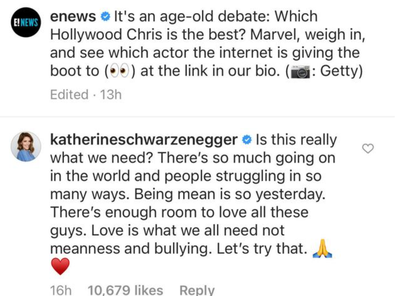 Katherine Schwarzenegger defends Chris Pratt
