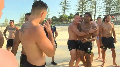 Soliola is teased by his teammates. (9NEWS)