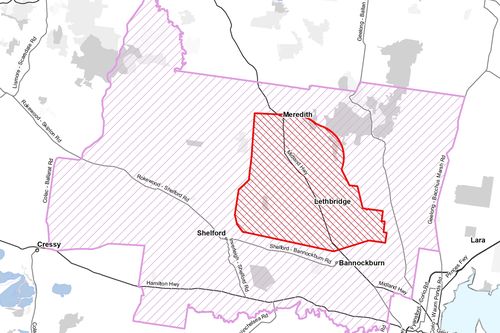 Restricted and control areas near Meredith due to Victoria's bird flu outbreak. 